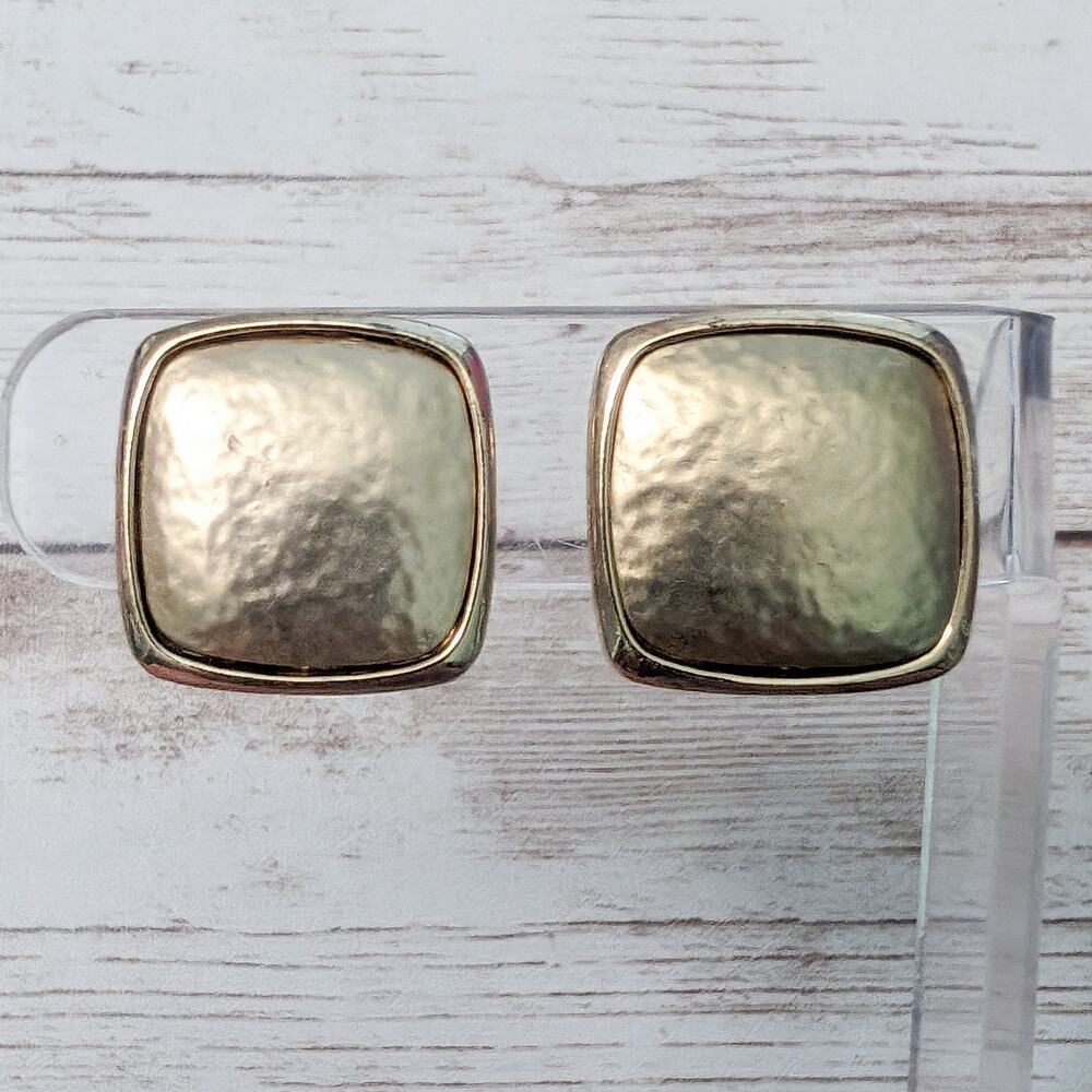 Vintage Clip On Earrings Gold Tone Rounded Square 0.75"